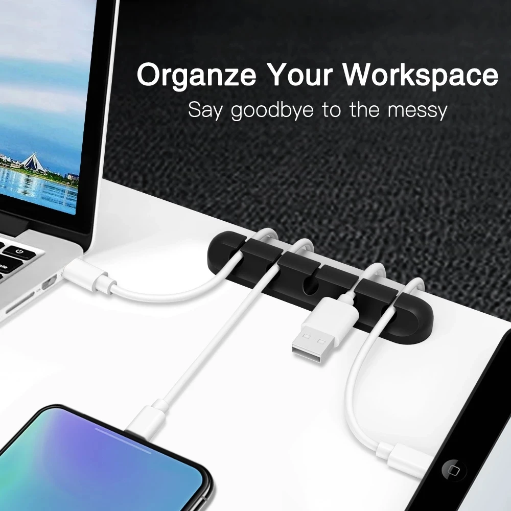 Cable Cord Wire Organizer Silicone USB Cable Winder Management Clips Self Adhesive for Mouse Keyboard Headset Car For iPhone thumbnail 3