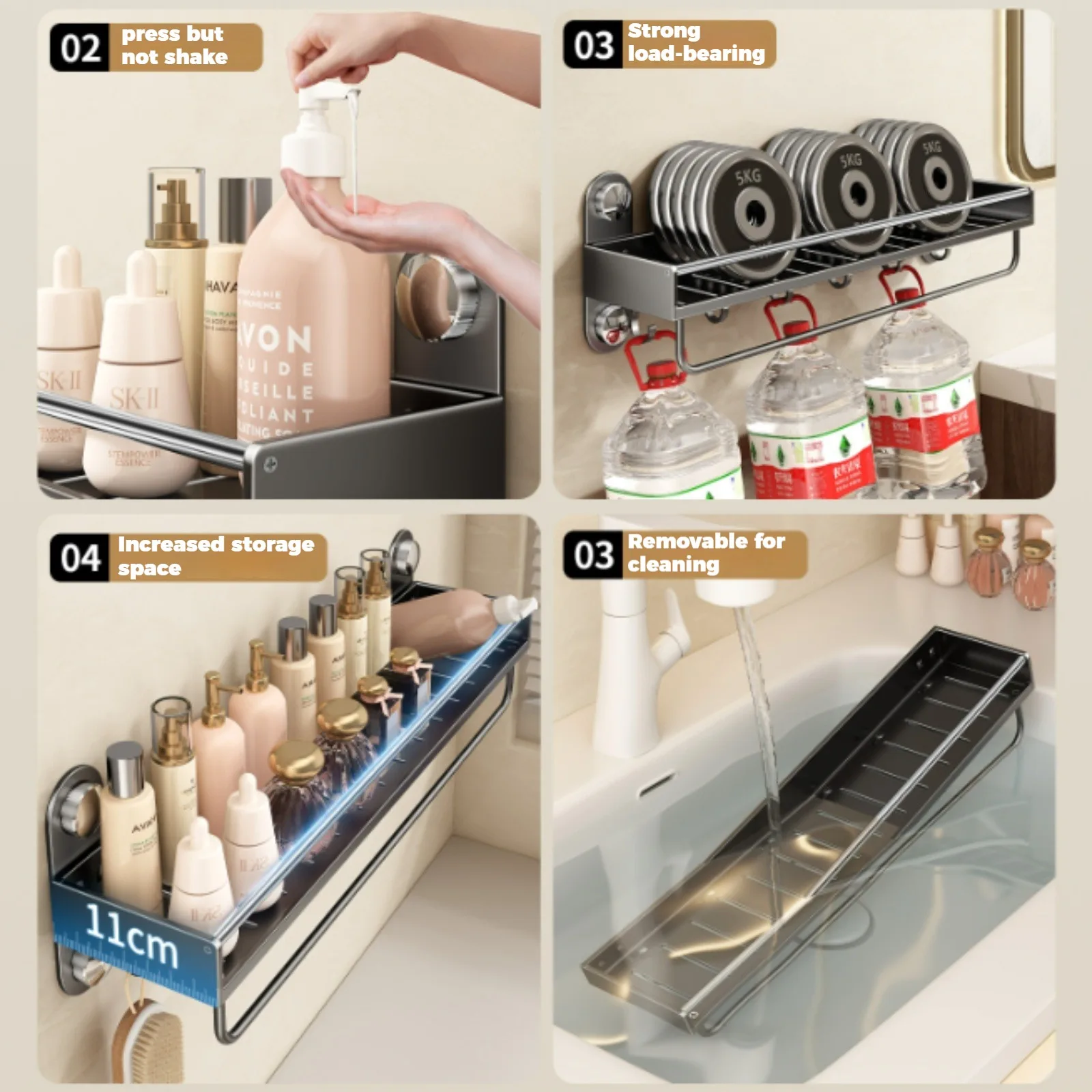No Drill Bathroom Rack Bathroom Shelf Toilet Stainless Steel and Carbon Steel Hanging Rack Bathroom Organizer Hang On The Wall thumbnail 6