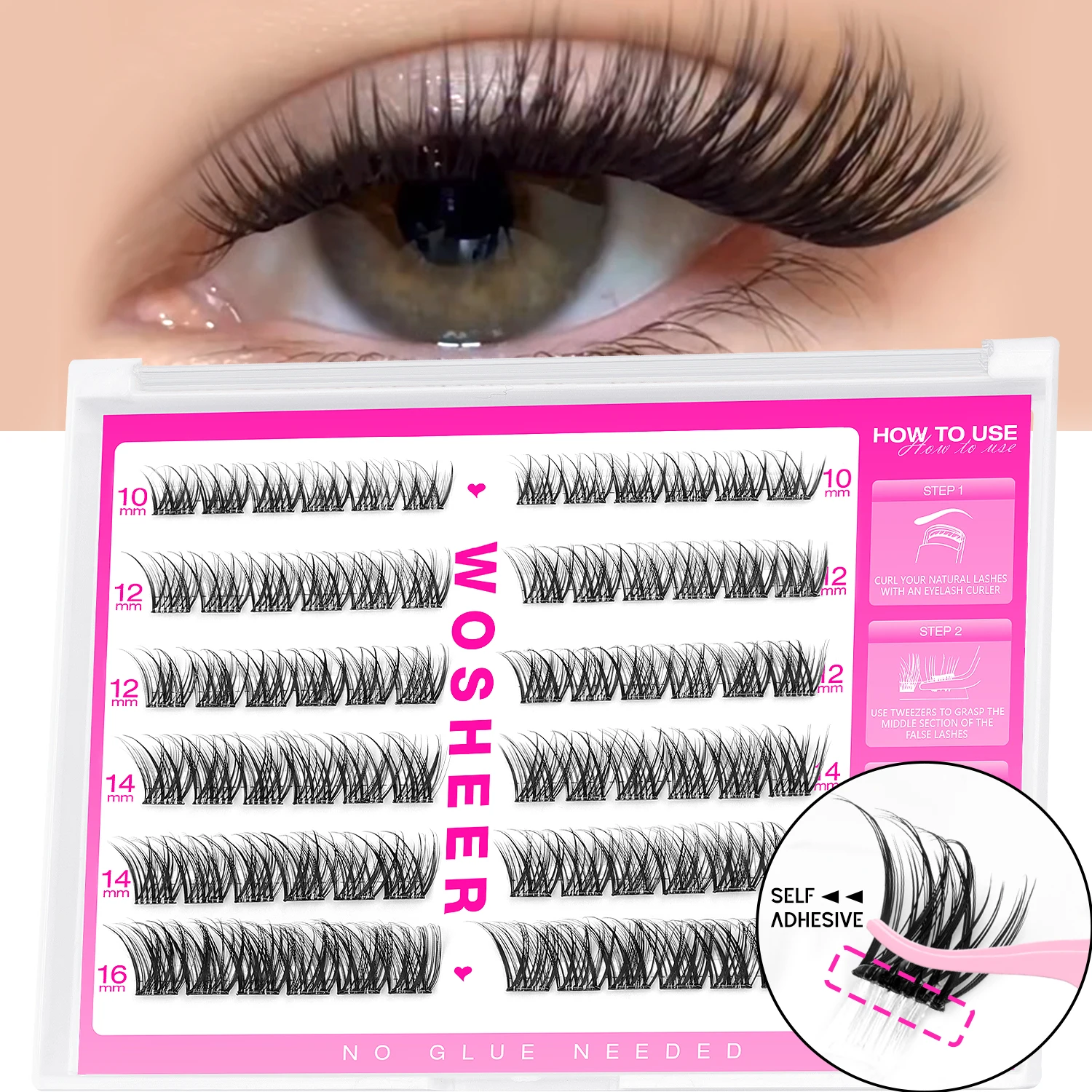 WOSHEER Self Adhesive Lash Clusters Pre glued Eyelash Clusters No Glue Needed Lashes Wispy Eyelash extensions Individual Lashes