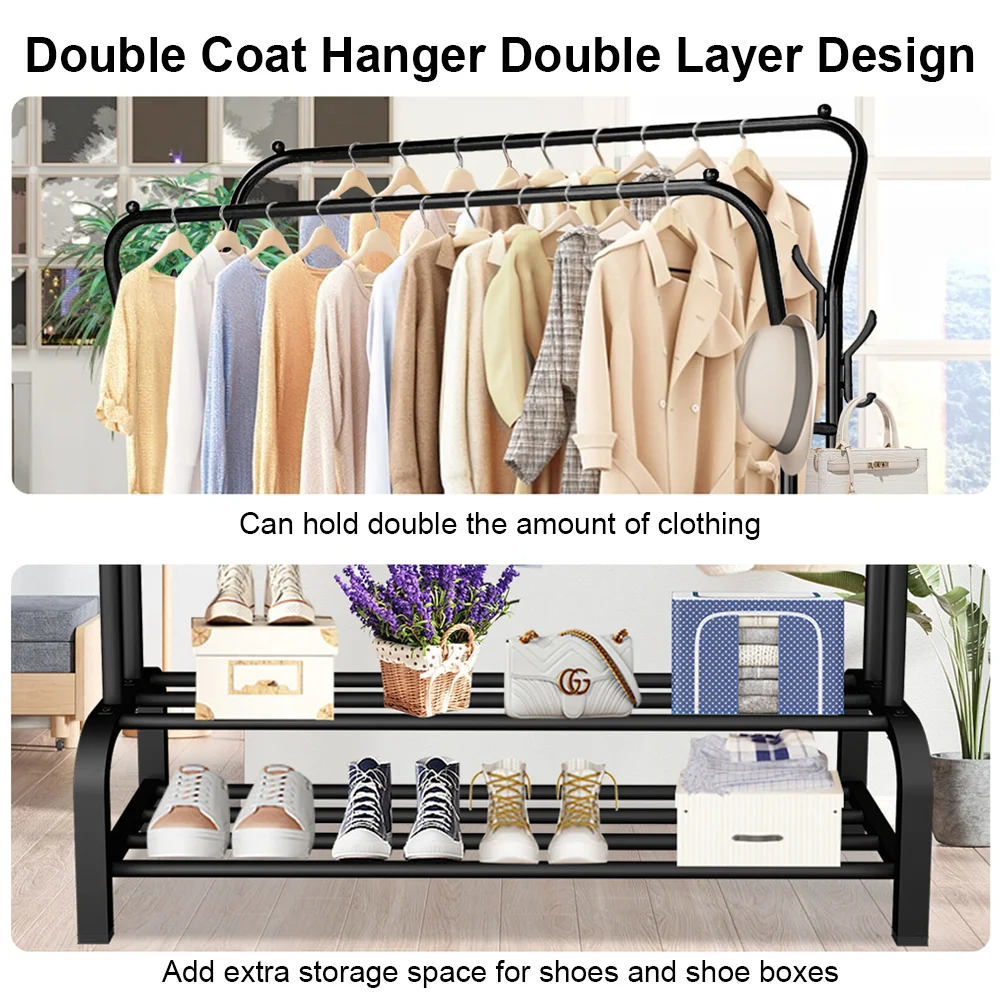 Wall Clothes Rack Double Rail Clothes Rail Shoes Rack 146*110*35cm Standing Clothes Rack Storage Shelf for Wardrobe Room Bedroom thumbnail 3