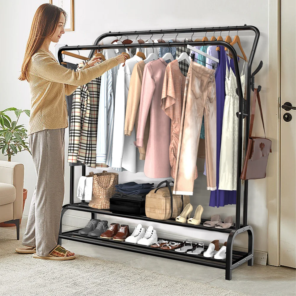 Wall Clothes Rack Double Rail Clothes Rail Shoes Rack 146*110*35cm Standing Clothes Rack Storage Shelf for Wardrobe Room Bedroom thumbnail 4
