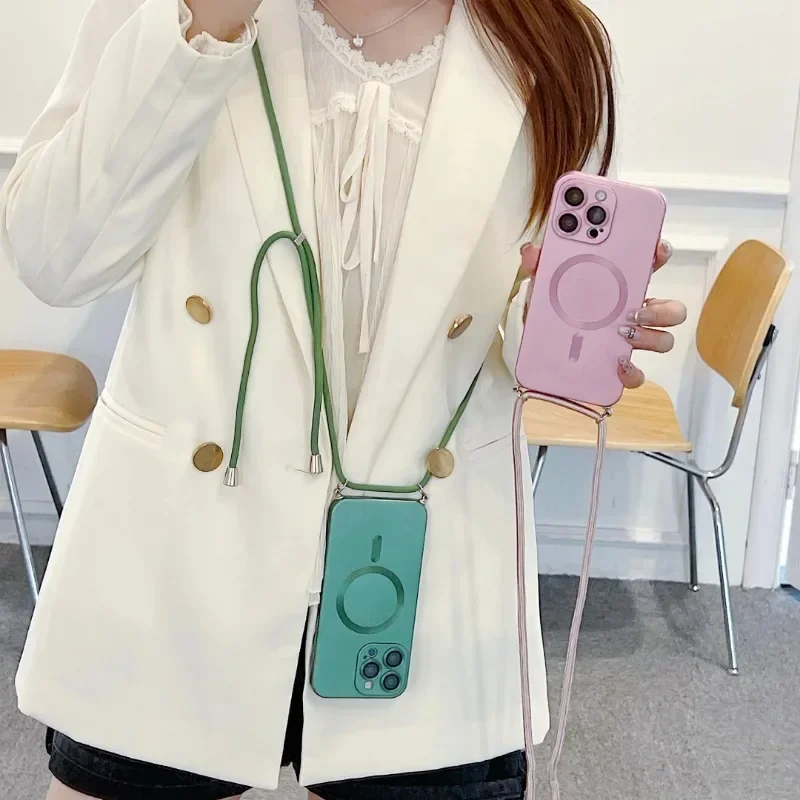 Fashion Magnetic Phone Case for IPhone 17 16 15 14 Plus 13 12 Pro Max with Crossbody Strap Shockproof Matte Lanyard Rope Cover thumbnail 6