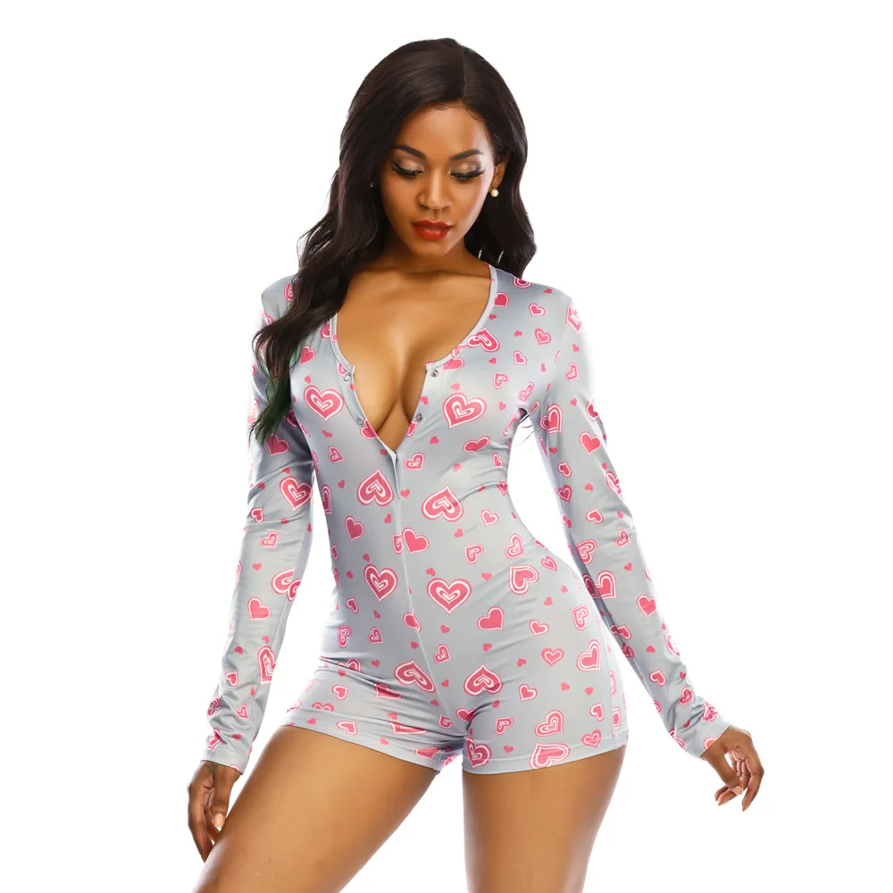 Womens Playsuit Sexy Pajama with Butt Flap Valentines Day Overalls Jumpsuit  Long Sleeve V Neck Women Bodycon Romper Sleepwear thumbnail 6