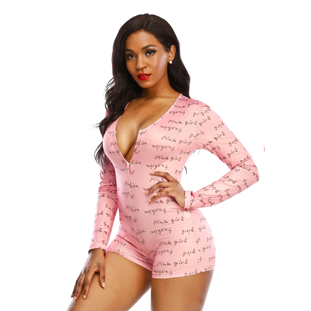Womens Playsuit Sexy Pajama with Butt Flap Valentines Day Overalls Jumpsuit  Long Sleeve V Neck Women Bodycon Romper Sleepwear thumbnail 2
