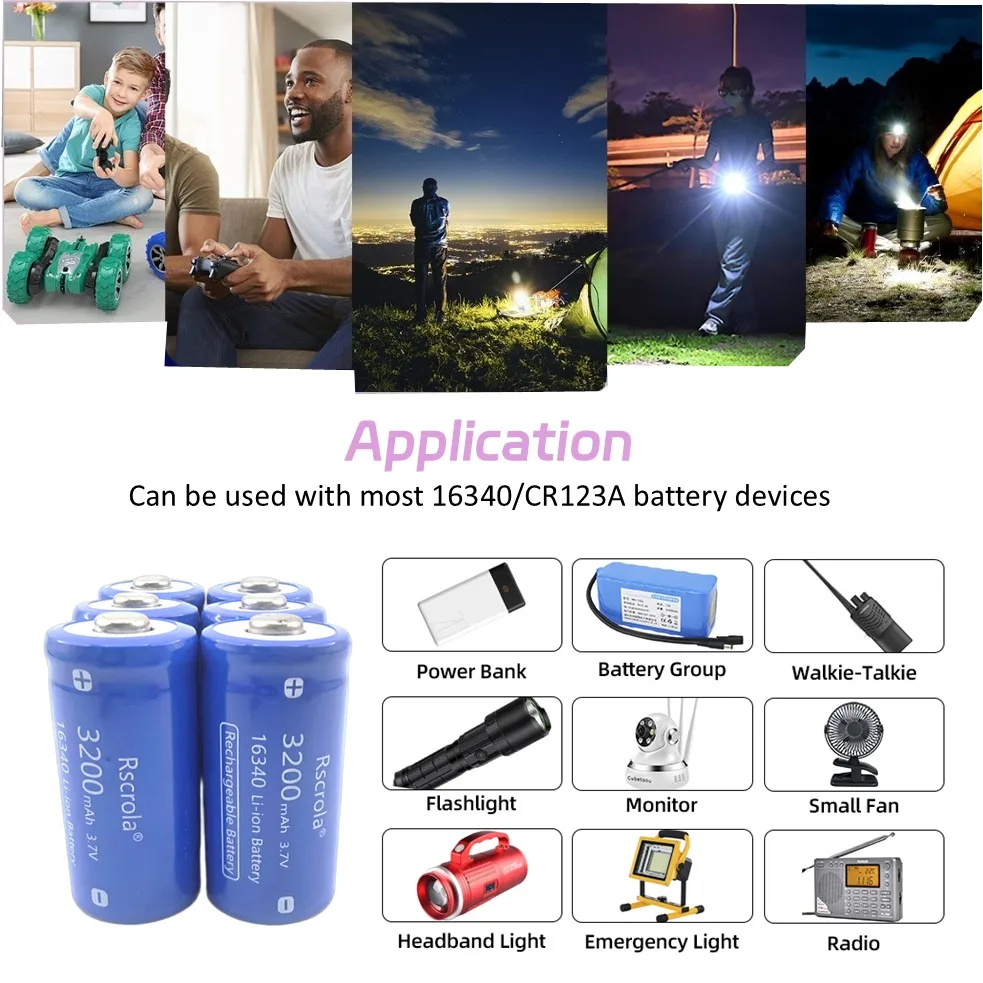 3.7V 16340 Li-ion Battery 3200mAh,Rechargeable CR123A Batteries with Charger,for Arlo Cameras VMC3030 VMK3200 VMS3330,Flashlight thumbnail 6