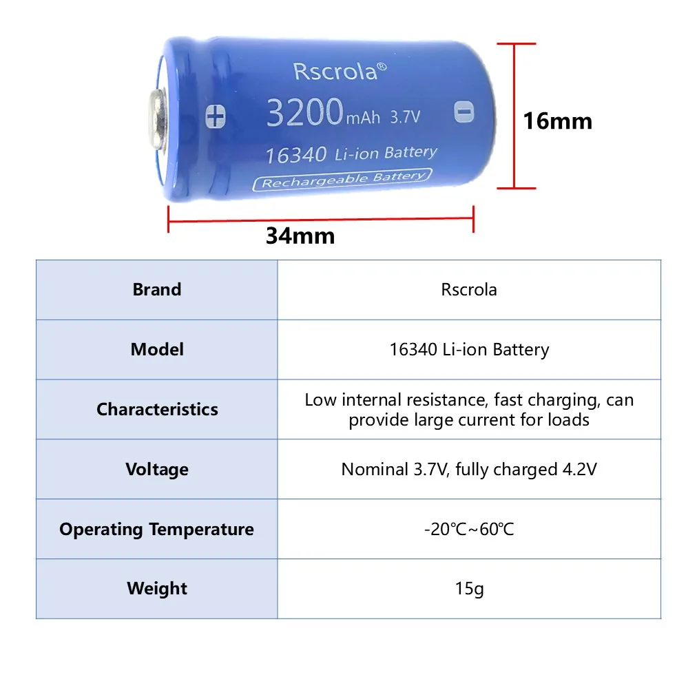 3.7V 16340 Li-ion Battery 3200mAh,Rechargeable CR123A Batteries with Charger,for Arlo Cameras VMC3030 VMK3200 VMS3330,Flashlight thumbnail 2
