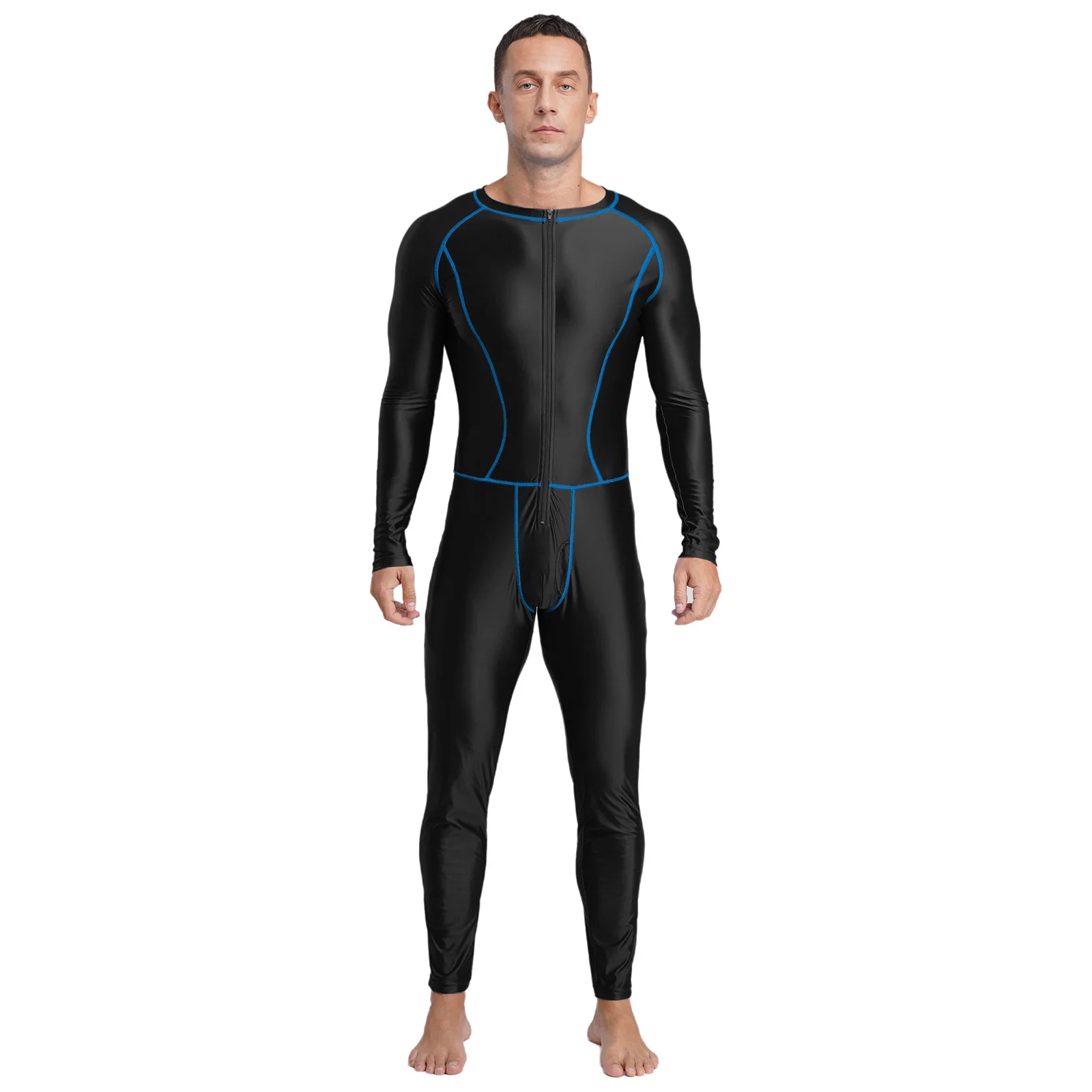 Men Long Sleeve Zipper Glossy Swimming Jumpsuit Swimwear Rash Guard Wetsuit Diving Suit Yoga Workout Fitness Sports Bodysuit
