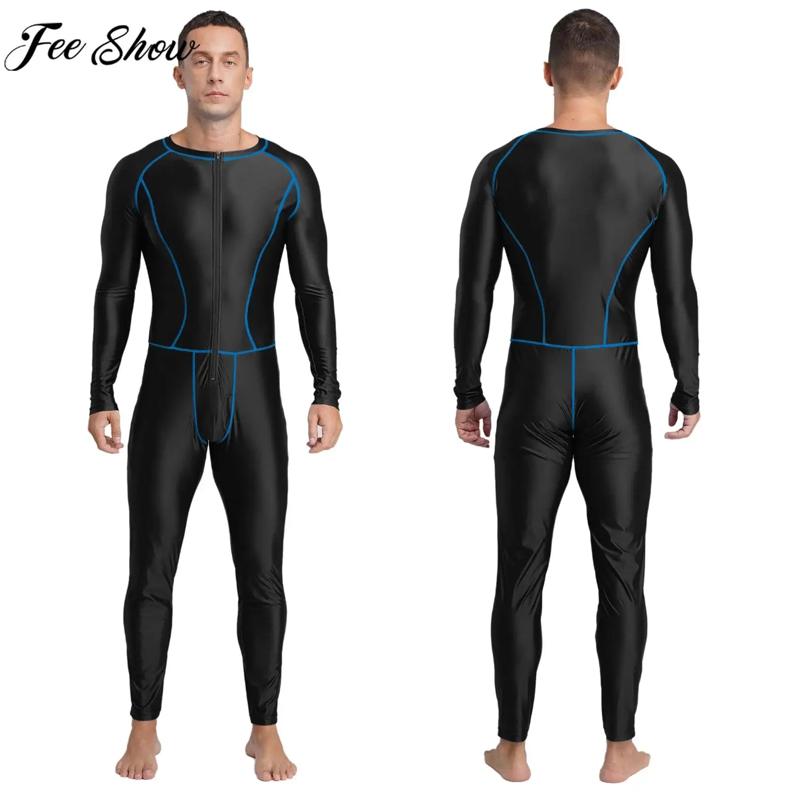 Men Glossy Swimming Jumpsuit Swimwear Rash Guard Wetsuit Diving Suit Long Sleeve Zipper Slim Bodysuit for Yoga Fitness Workout
