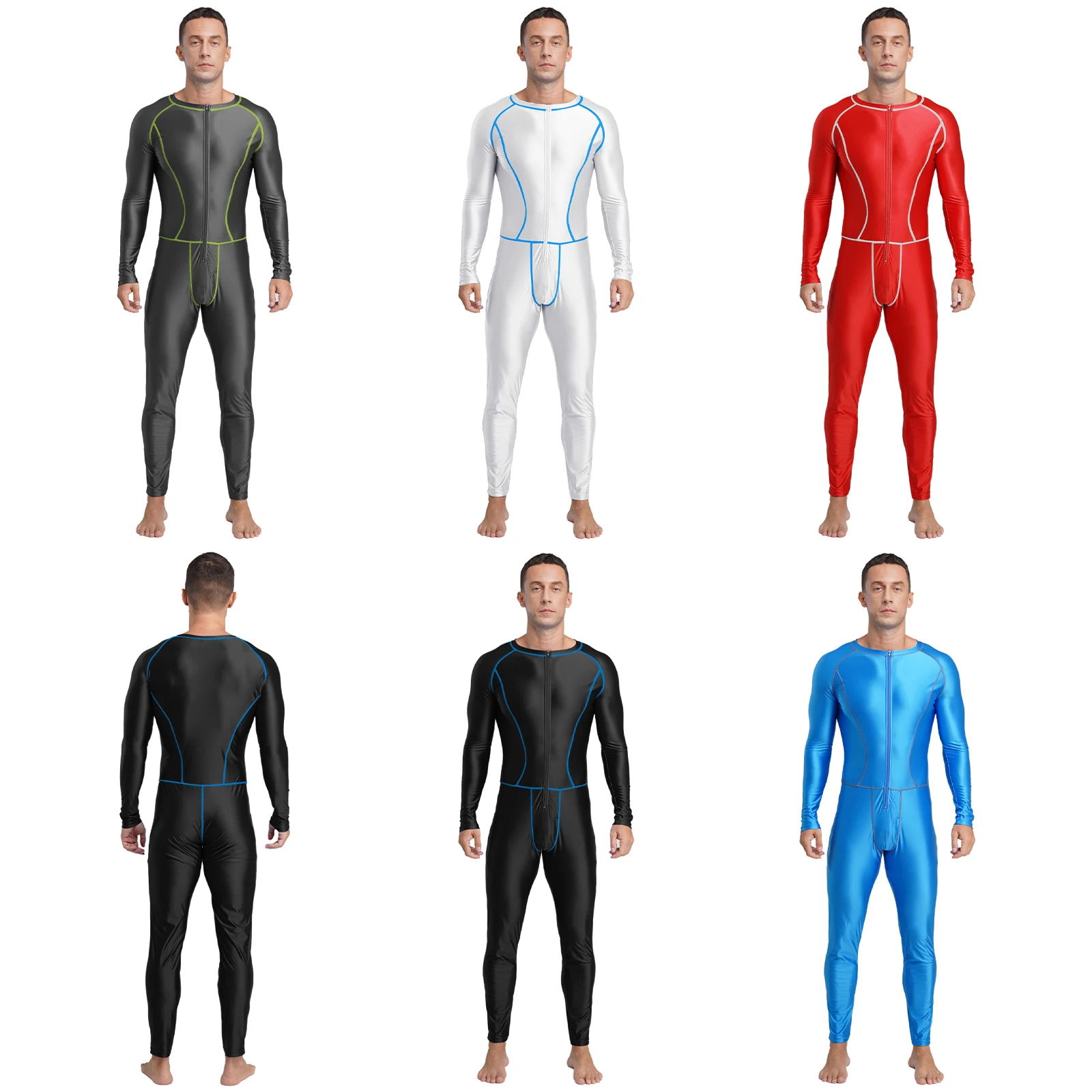 Men Glossy Swimming Jumpsuit Swimwear Rash Guard Wetsuit Diving Suit Long Sleeve Zipper Slim Bodysuit for Yoga Fitness Workout thumbnail 4