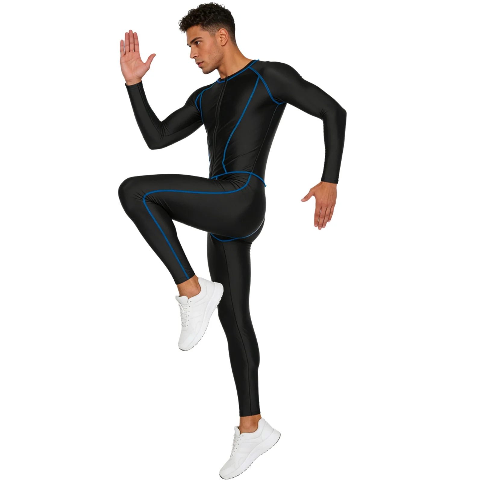 Men Glossy Swimming Jumpsuit Swimwear Rash Guard Wetsuit Diving Suit Long Sleeve Zipper Slim Bodysuit for Yoga Fitness Workout thumbnail 3