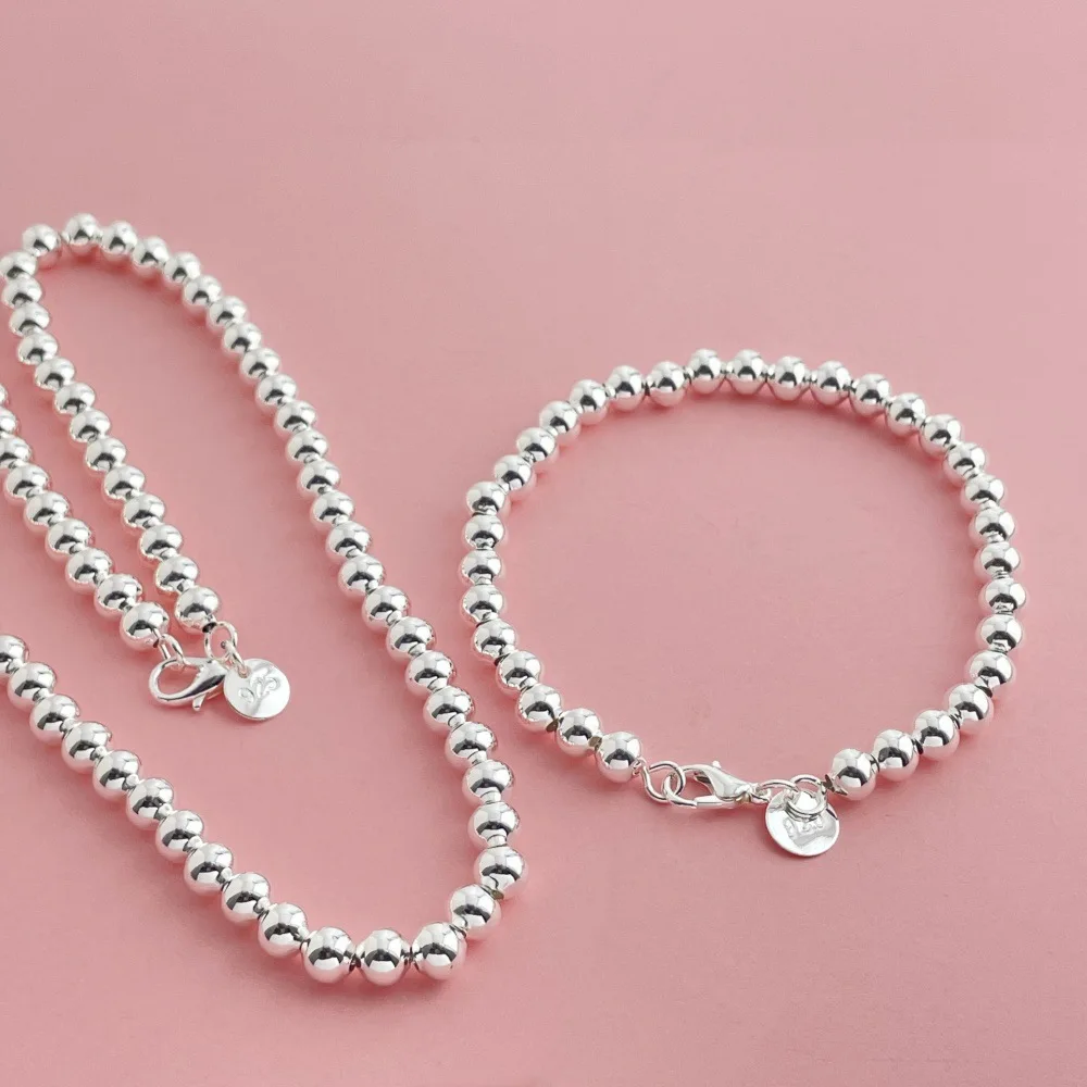 925 Sterling Silver Jewelry Set 6MM Buddhist Beads Necklace Bracelet Set Women's Fashion Simple Birthday Wedding Jewelry Gift thumbnail 2
