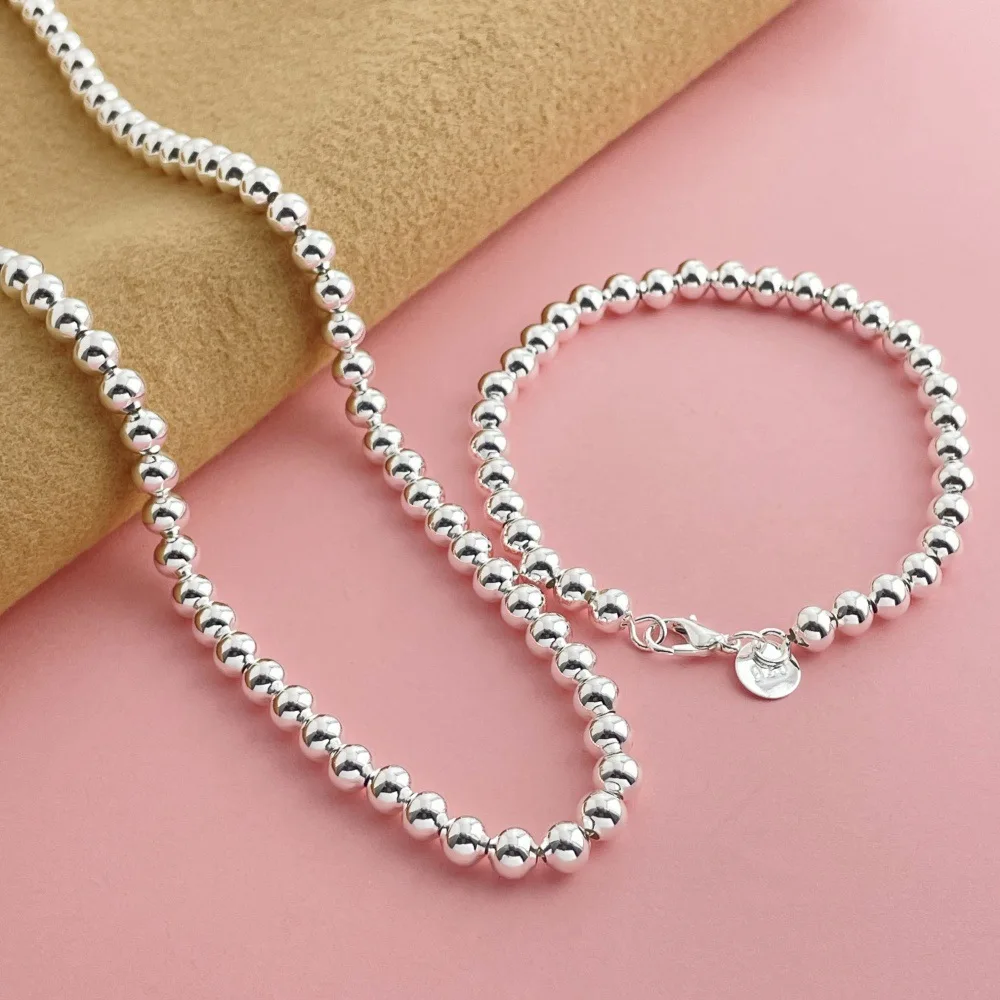 925 Sterling Silver Jewelry Set 6MM Buddhist Beads Necklace Bracelet Set Women's Fashion Simple Birthday Wedding Jewelry Gift thumbnail 3
