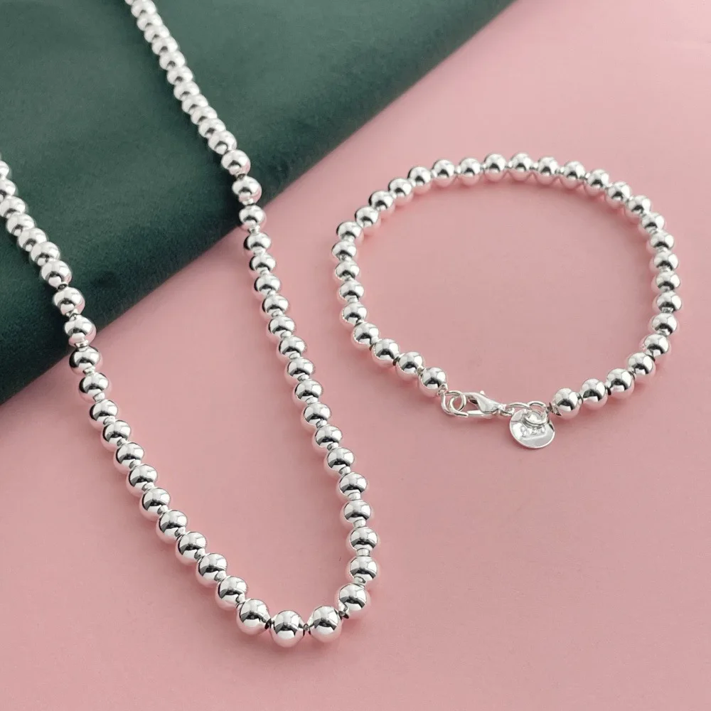 925 Sterling Silver Jewelry Set 6MM Buddhist Beads Necklace Bracelet Set Women's Fashion Simple Birthday Wedding Jewelry Gift thumbnail 4