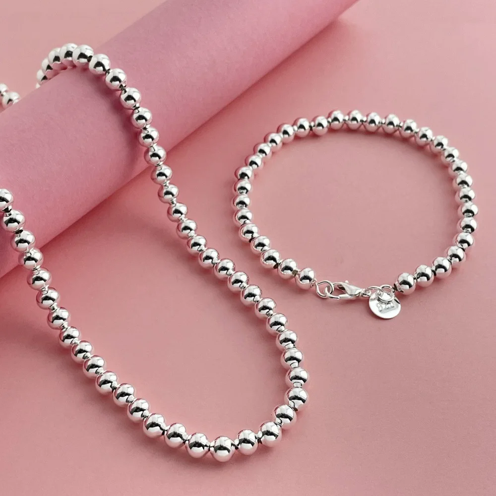 925 Sterling Silver Jewelry Set 6MM Buddhist Beads Necklace Bracelet Set Women's Fashion Simple Birthday Wedding Jewelry Gift thumbnail 5