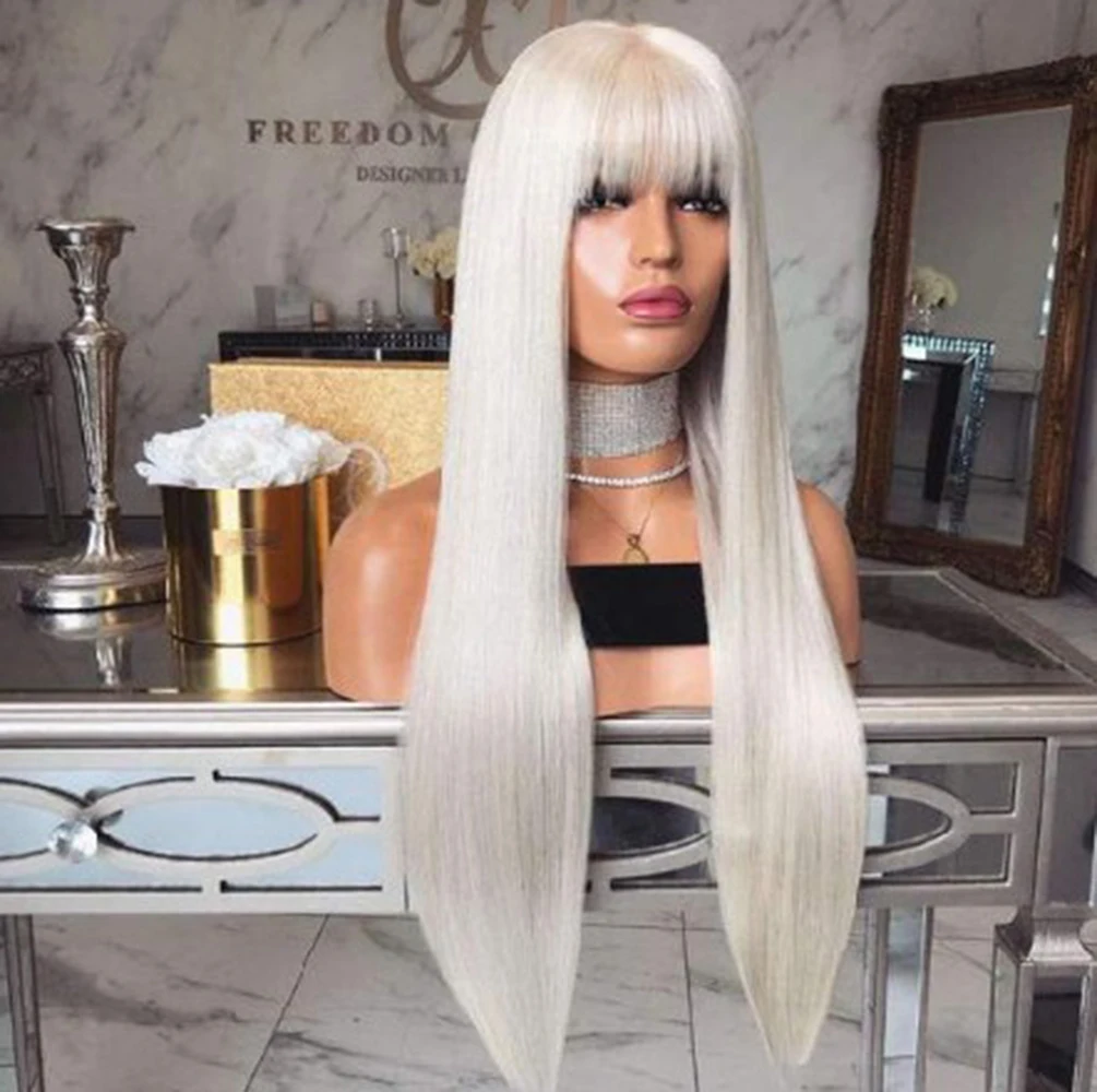 Synthetic Hair Wig with Bangs Platinum Lace Front Long Wig Blonde Silk Straight Heat Resistant Cosplay Makeup Wigs thumbnail 2