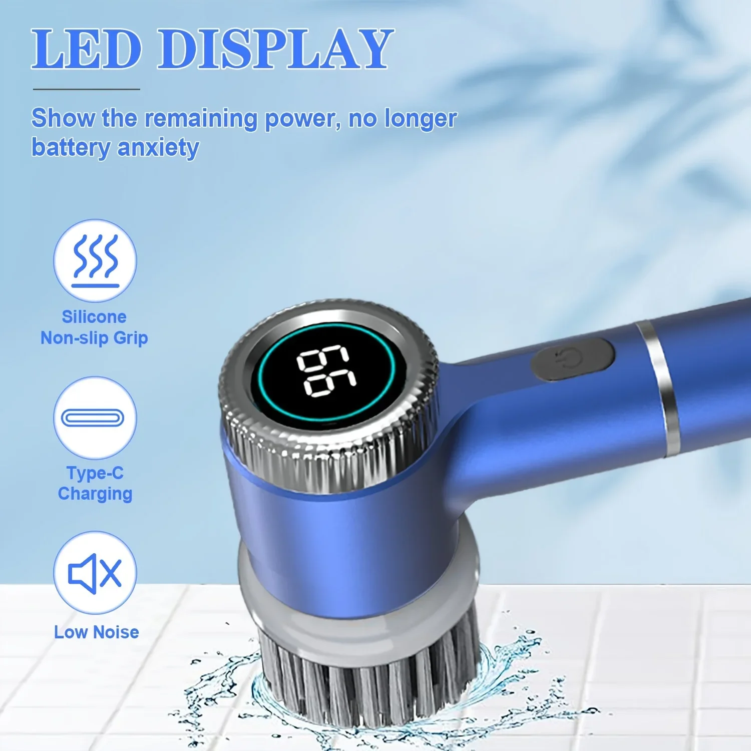 2026 Electric Cleaning Brush LED Display With 5 Replaceable Brush Heads 3-speed Adjustable Cleaning Tool For Kitchen Bathroom thumbnail 4