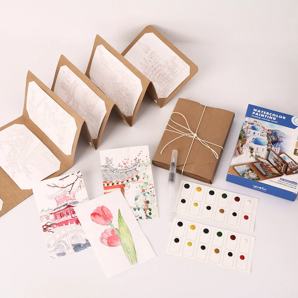 9 sheets/set Watercolor Painting Set, Thick Watercolor Folding Storage Book With a pen, Portable Art Kit Holiday Birthday Gifts thumbnail 4