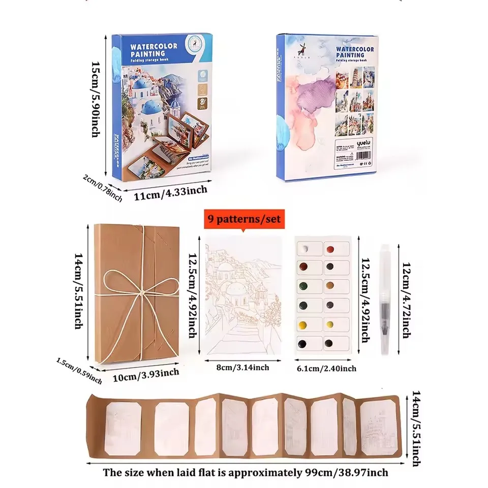 9 sheets/set Watercolor Painting Set, Thick Watercolor Folding Storage Book With a pen, Portable Art Kit Holiday Birthday Gifts thumbnail 6