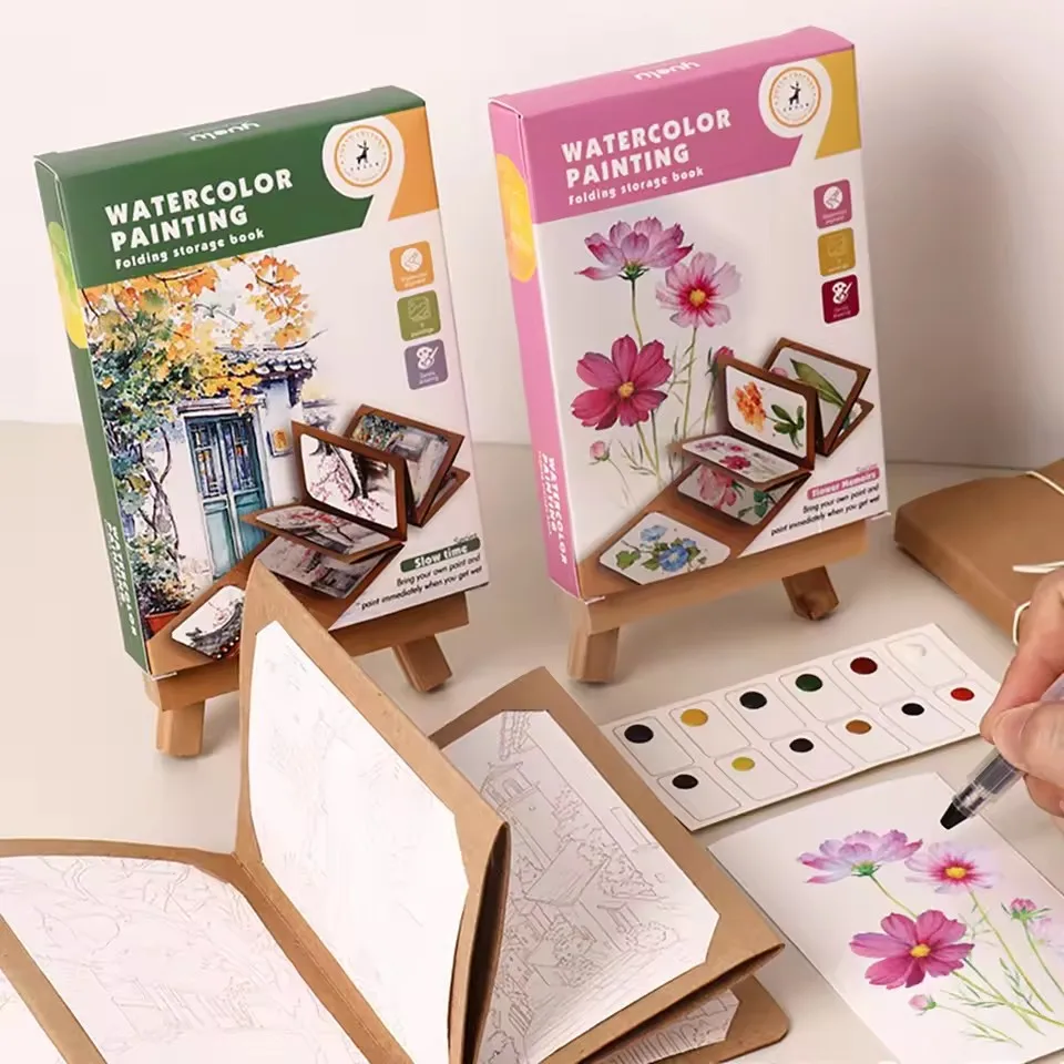 9 sheets/set Watercolor Painting Set, Thick Watercolor Folding Storage Book With a pen, Portable Art Kit Holiday Birthday Gifts