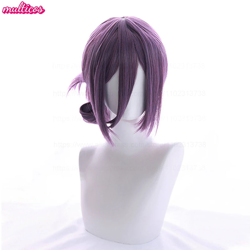 High Quality Anime Reze Cosplay Wig 45cm Purple Bun Long Bang Heat Resistant Synthetic Hair Wigs + Wig Cap thumbnail 2