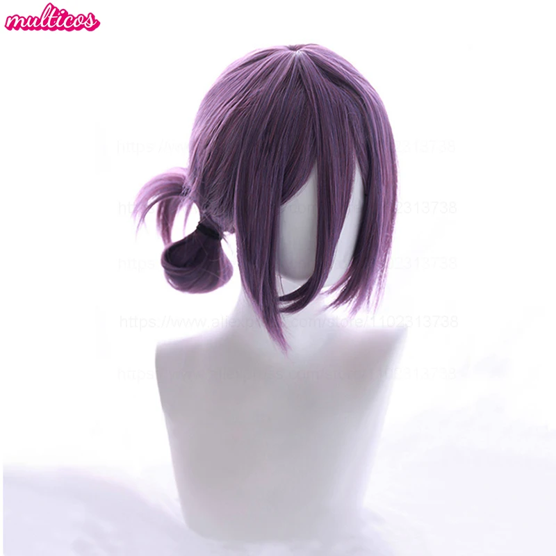 High Quality Anime Reze Cosplay Wig 45cm Purple Bun Long Bang Heat Resistant Synthetic Hair Wigs + Wig Cap thumbnail 4