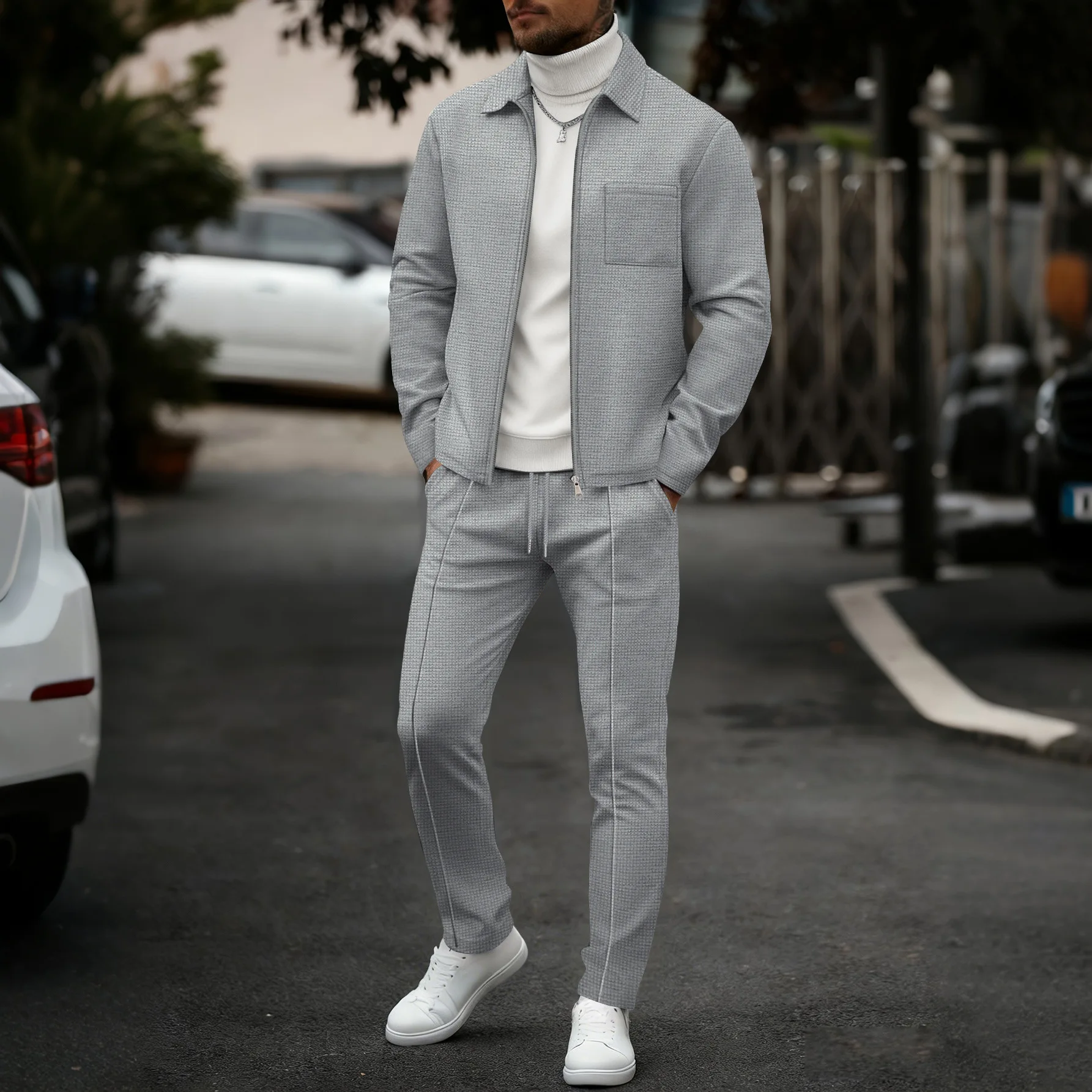 Men's fashionable casual plain-color waffle knit pullover with zipped pocket and collar, high-quality men's jacket, trousers set thumbnail 2