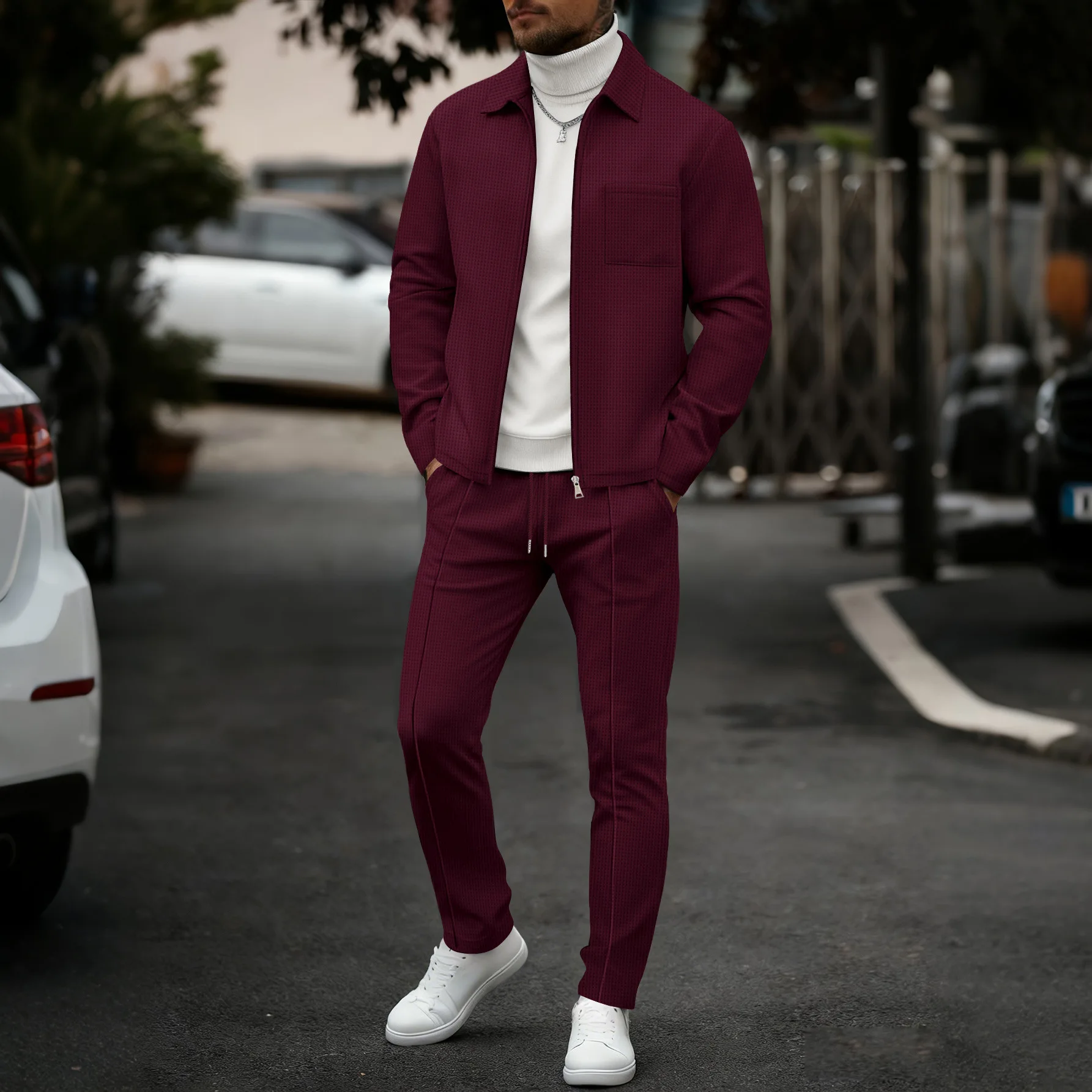 Men's fashionable casual plain-color waffle knit pullover with zipped pocket and collar, high-quality men's jacket, trousers set thumbnail 5
