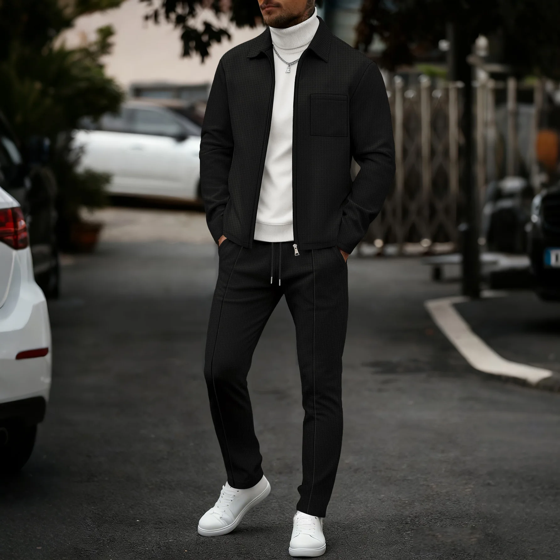 Men's fashionable casual plain-color waffle knit pullover with zipped pocket and collar, high-quality men's jacket, trousers set thumbnail 3