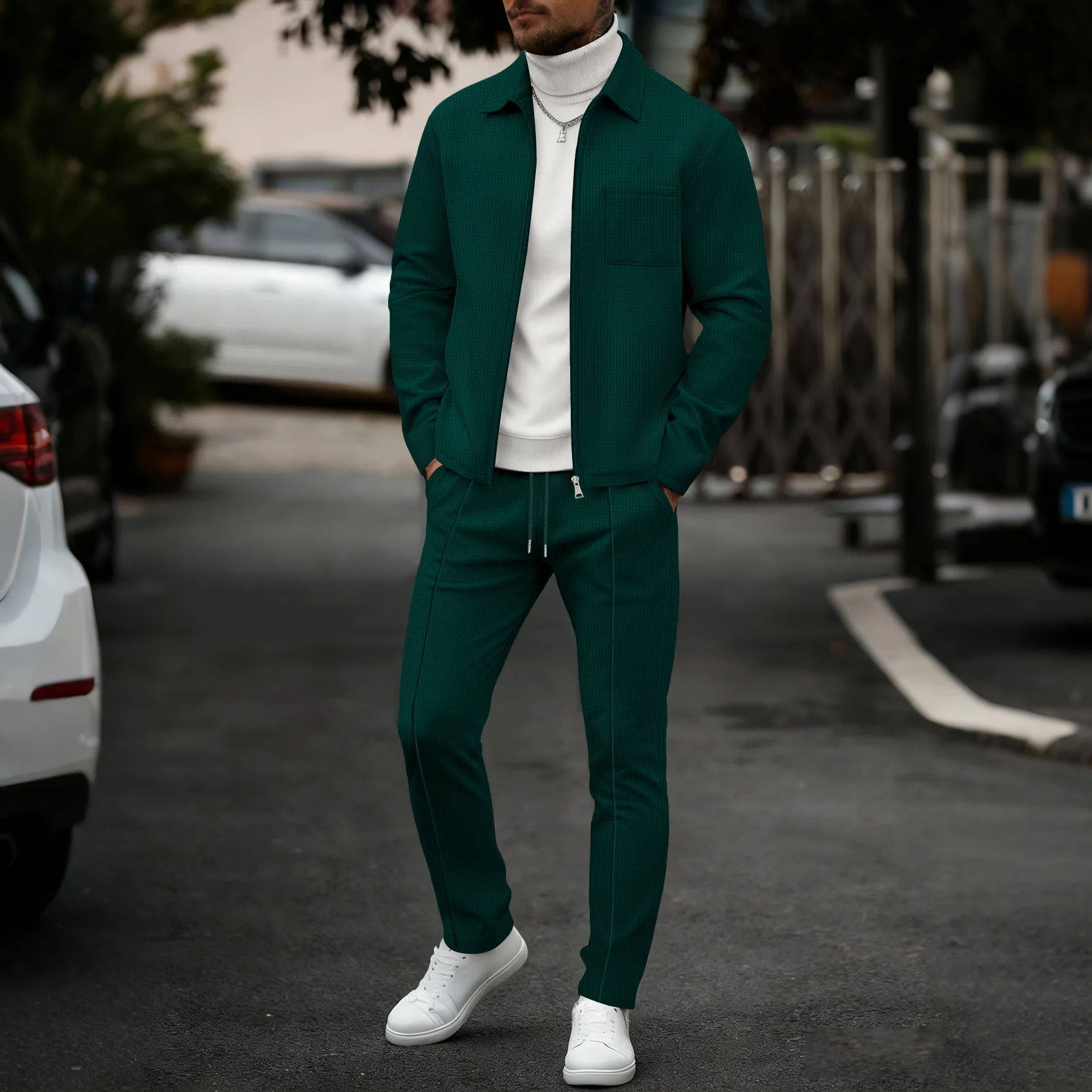 Men's fashionable casual plain-color waffle knit pullover with zipped pocket and collar, high-quality men's jacket, trousers set thumbnail 6