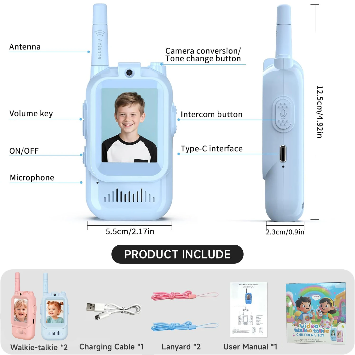 2 PCS Video Walkie Talkie 2" HD Screen USB-C Rechargeable One-Click HD Call Intercom Children Boys Girls Youngman Birthday Gifts thumbnail 4