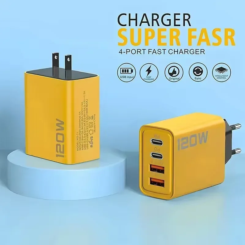 120W Fast Charging 4 Ports Phone Charger QC3.0 USB Type C Chargers Dual PD USB EU/US Plug Wall Adapter For iPhone Samsung 2026 thumbnail 3