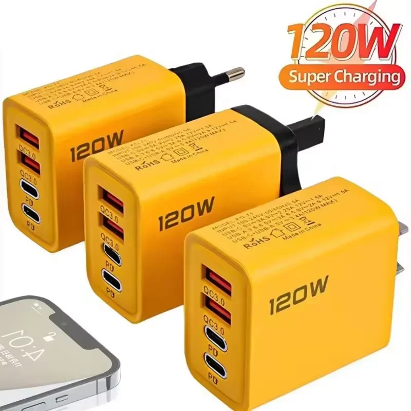 120W Fast Charging 4 Ports Phone Charger QC3.0 USB Type C Chargers Dual PD USB EU/US Plug Wall Adapter For iPhone Samsung 2026