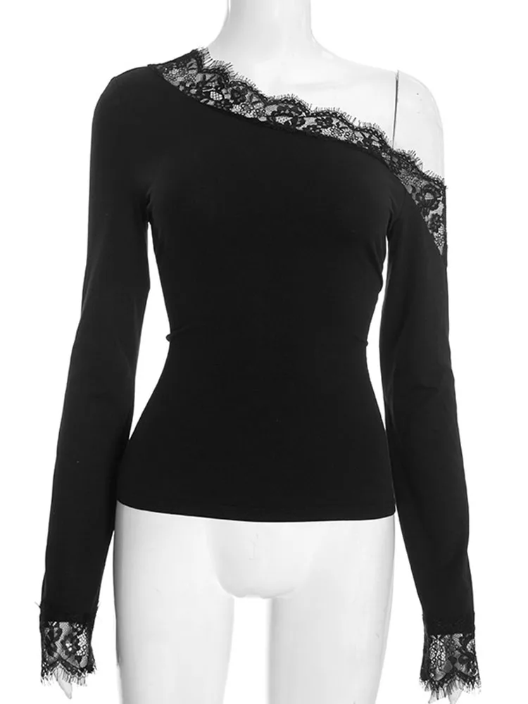 Women's Asymmetrical Lace Splicing Top Casual Fashion Autumn Top European American Style Waist Exposed thumbnail 4
