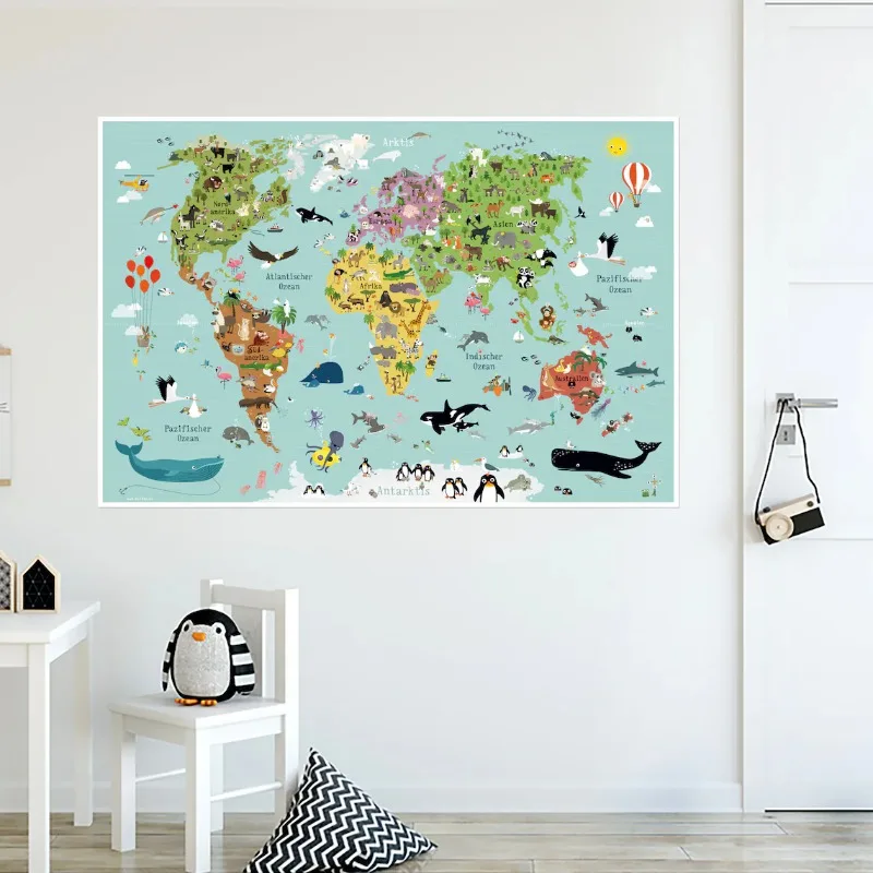World Map Children Learning Poster Animals Continent Illustration Canvas Painting Wall Art for Kindergarten Kids Room Home Decor thumbnail 5