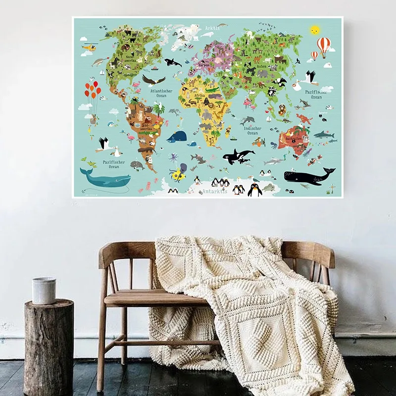 World Map Children Learning Poster Animals Continent Illustration Canvas Painting Wall Art for Kindergarten Kids Room Home Decor thumbnail 3