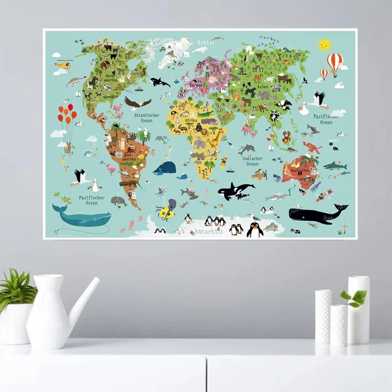 World Map Children Learning Poster Animals Continent Illustration Canvas Painting Wall Art for Kindergarten Kids Room Home Decor thumbnail 4