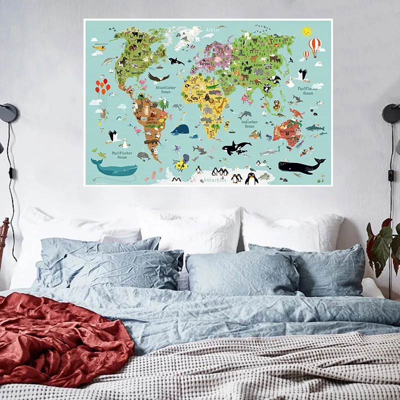 World Map Children Learning Poster Animals Continent Illustration Canvas Painting Wall Art for Kindergarten Kids Room Home Decor thumbnail 2