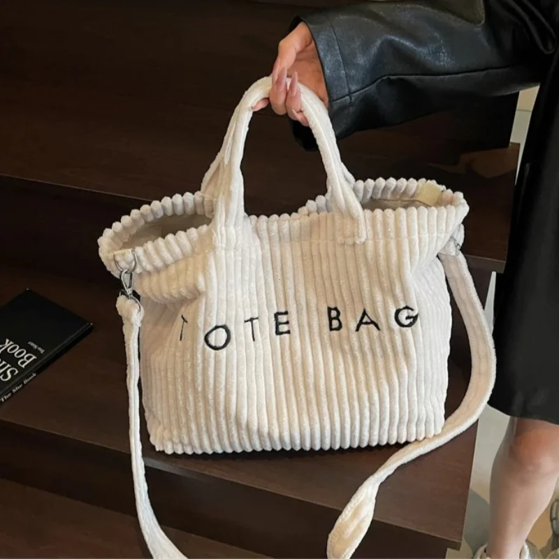 Large Capacity Striped Velvet Handbag Shoulder Bag for Woman Handbags Crossbody Bags, Versatile Letter Corduroy Women's Tote Bag thumbnail 5