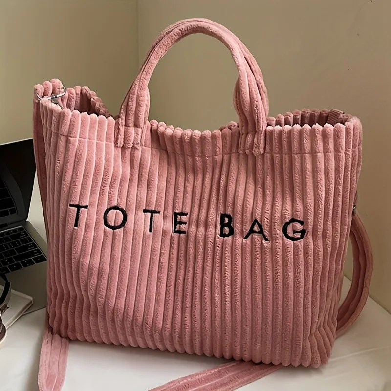 Large Capacity Striped Velvet Handbag Shoulder Bag for Woman Handbags Crossbody Bags, Versatile Letter Corduroy Women's Tote Bag thumbnail 3