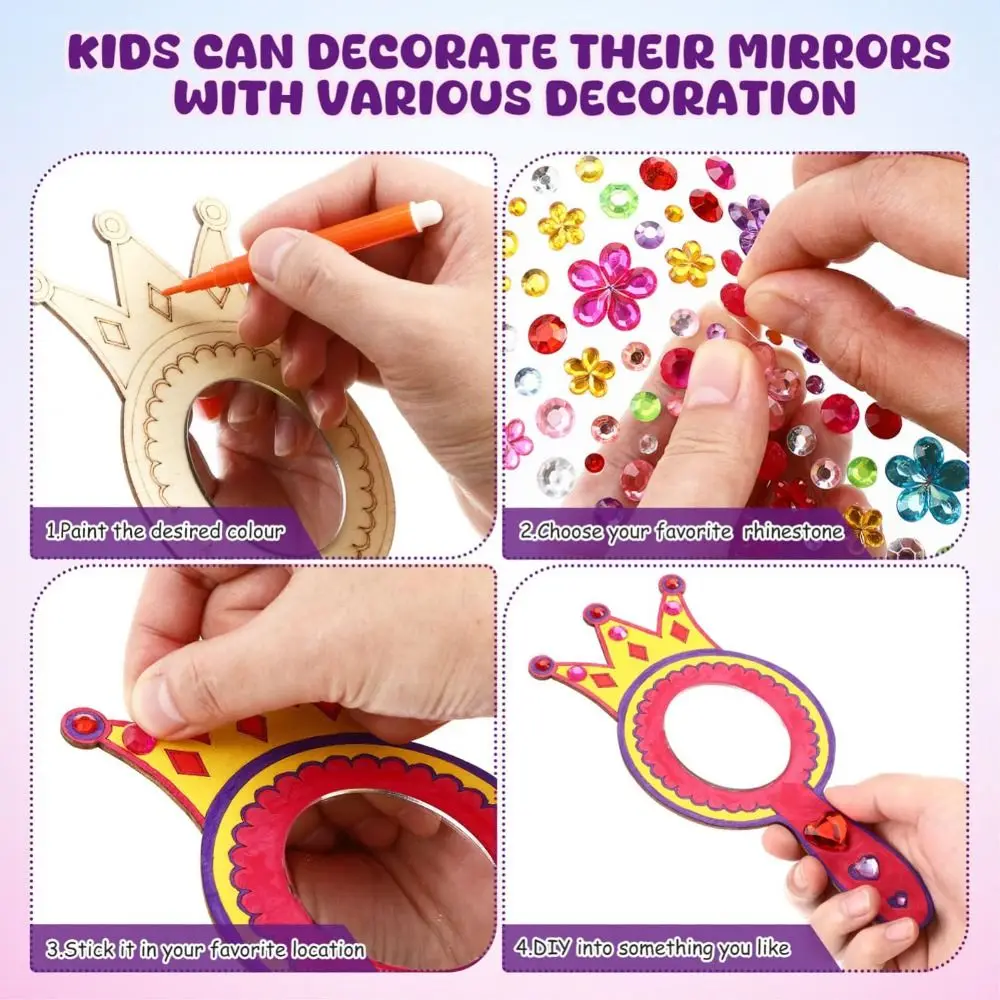 1 Set DIY Wooden Mirror Craft Unfinished with Paintbrushes Kids Decorate Mirrors Birthday Party Gift Princess Mirror Crafts thumbnail 6