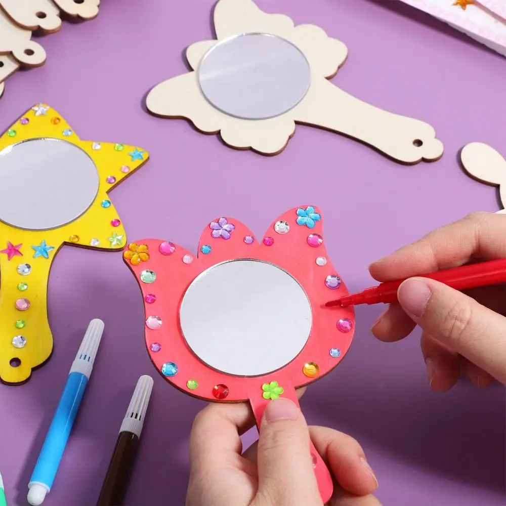 1 Set DIY Wooden Mirror Craft Unfinished with Paintbrushes Kids Decorate Mirrors Birthday Party Gift Princess Mirror Crafts thumbnail 5