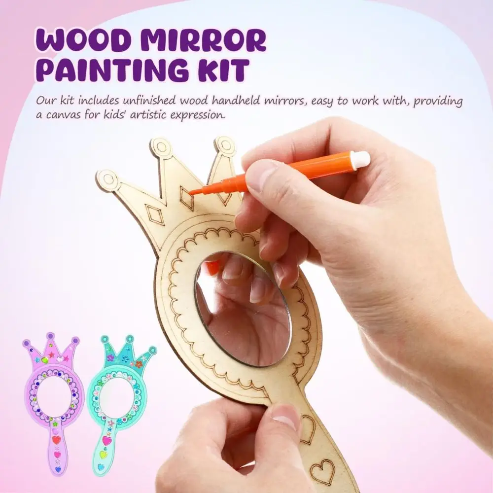 1 Set DIY Wooden Mirror Craft Unfinished with Paintbrushes Kids Decorate Mirrors Birthday Party Gift Princess Mirror Crafts thumbnail 2