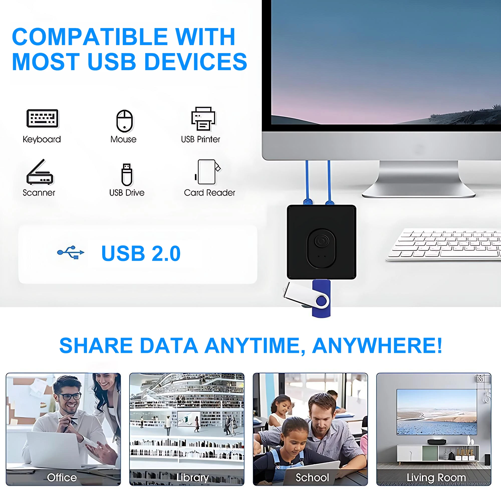 USB 3.0 KVM Switch 1x2/2x1 USB Hub Bidirectional USB2.0 Switcher USB3.0 Extender Shared Controller for PC Keyboard Mouse Printer thumbnail 5