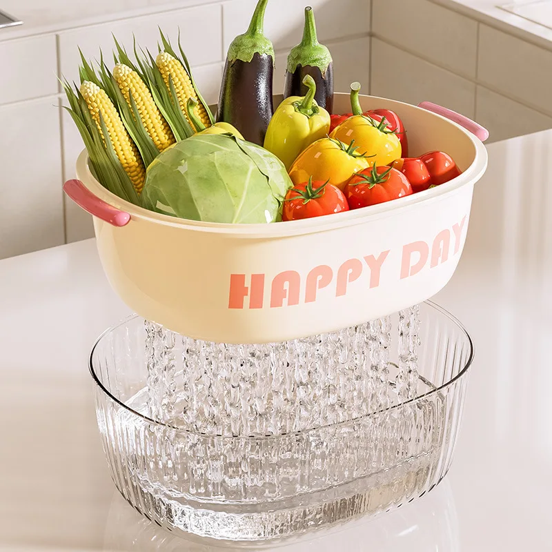 Double Layered Vegetable Cleaning Basin, Drainage Basket Kitchen, Living Room Fruit Platter thumbnail 3