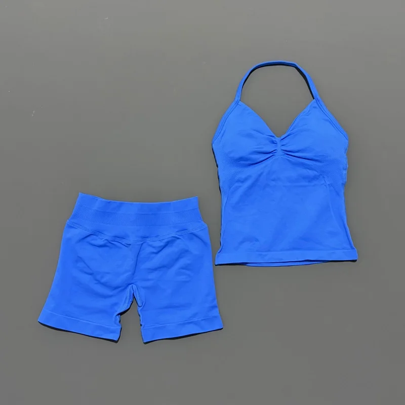 2 Pieces Sports Set Women Backless Halter Tops Fitness Tank Top High Waist Seamless High Stretch Shorts Gym Workout Sets thumbnail 4