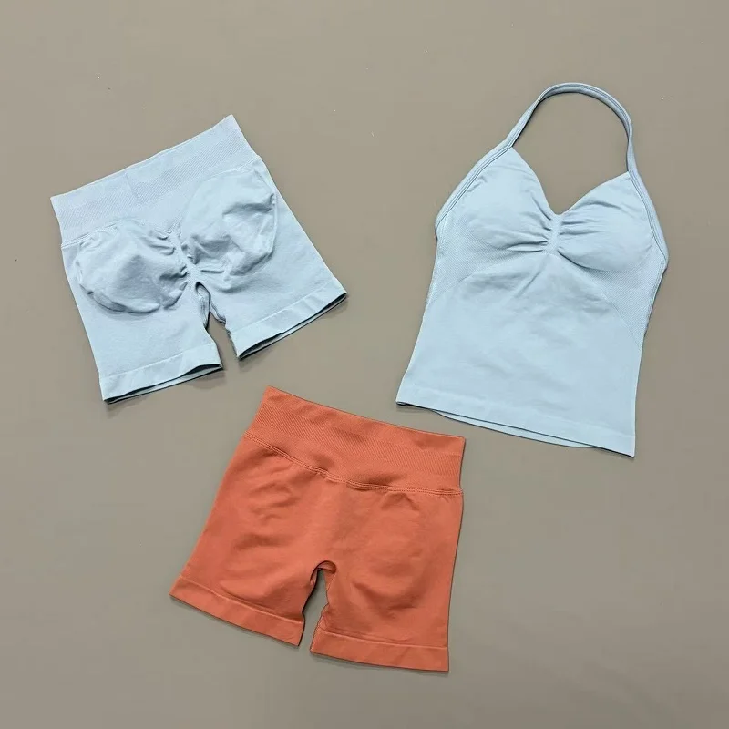 2 Pieces Sports Set Women Backless Halter Tops Fitness Tank Top High Waist Seamless High Stretch Shorts Gym Workout Sets thumbnail 3