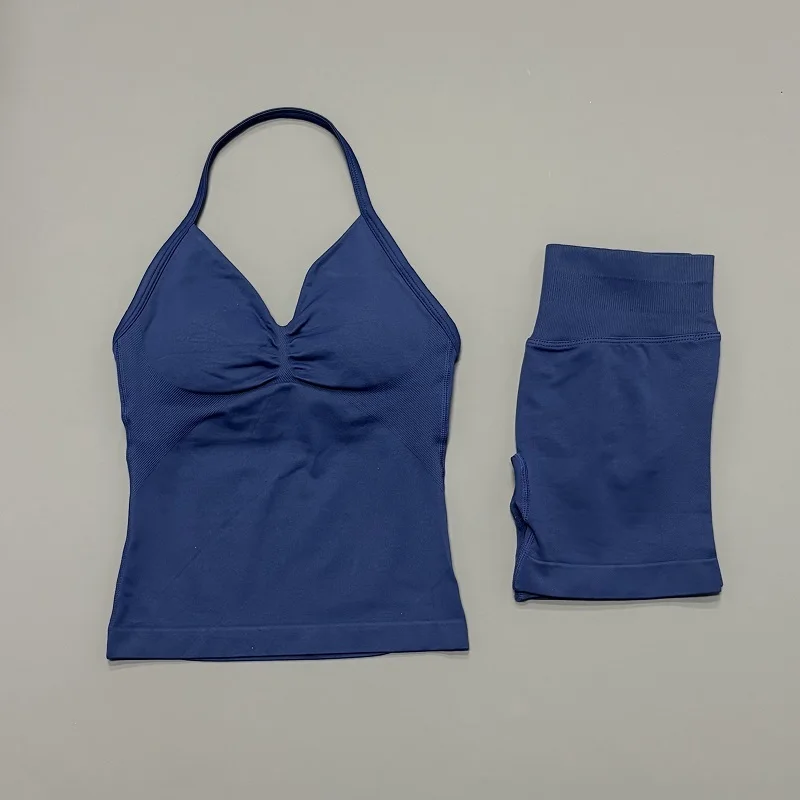 2 Pieces Sports Set Women Backless Halter Tops Fitness Tank Top High Waist Seamless High Stretch Shorts Gym Workout Sets thumbnail 5