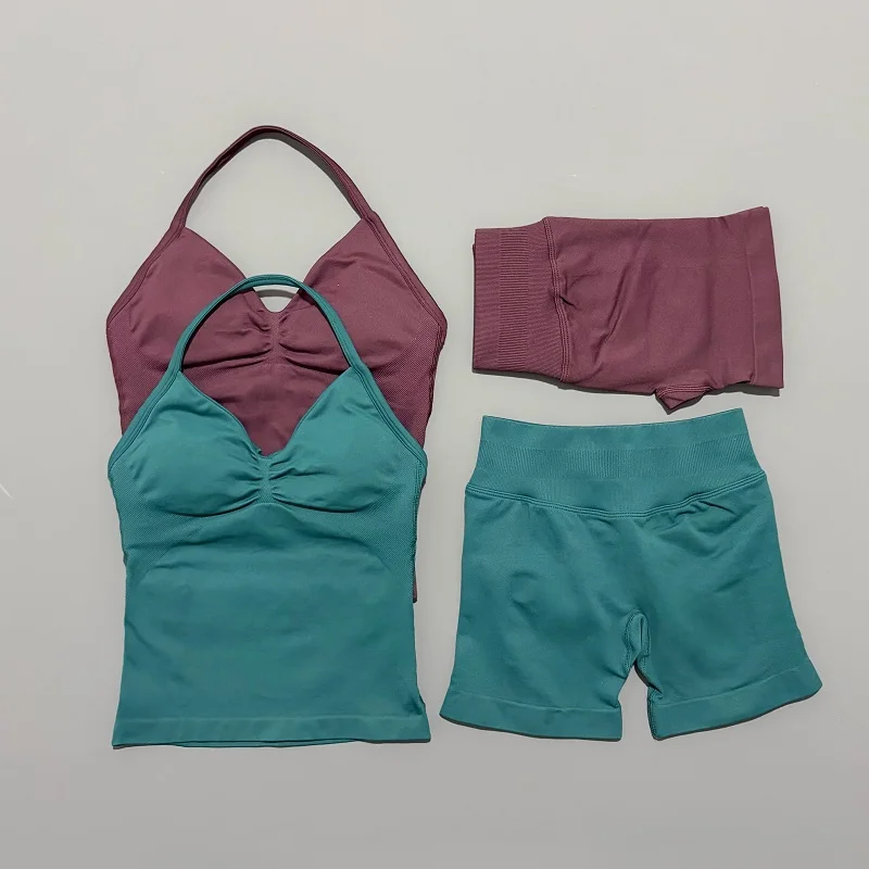 2 Pieces Sports Set Women Backless Halter Tops Fitness Tank Top High Waist Seamless High Stretch Shorts Gym Workout Sets thumbnail 2