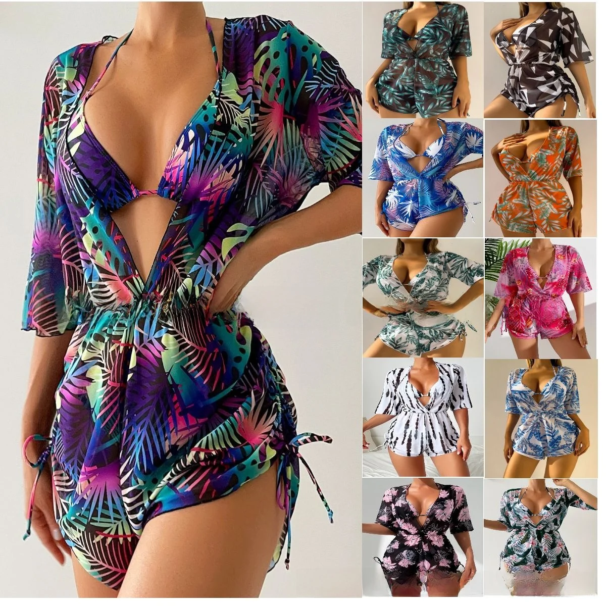 Tropical Plant Print Bikini Set Women's Crossbody Swimwear Three-piece Crossbody Swimwear Polyester Fabric with Chest Pad