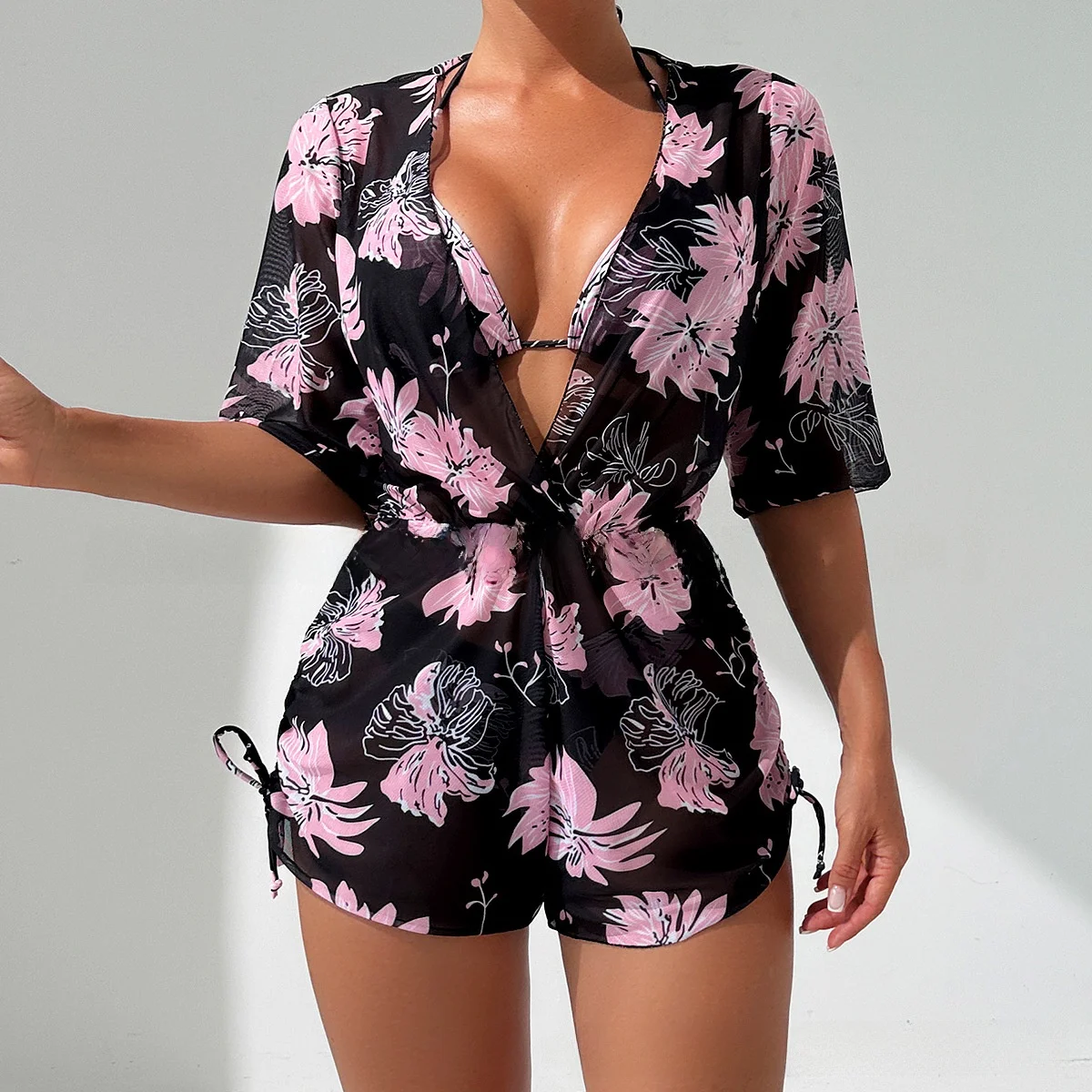 Tropical Plant Print Bikini Set Women's Crossbody Swimwear Three-piece Crossbody Swimwear Polyester Fabric with Chest Pad thumbnail 4